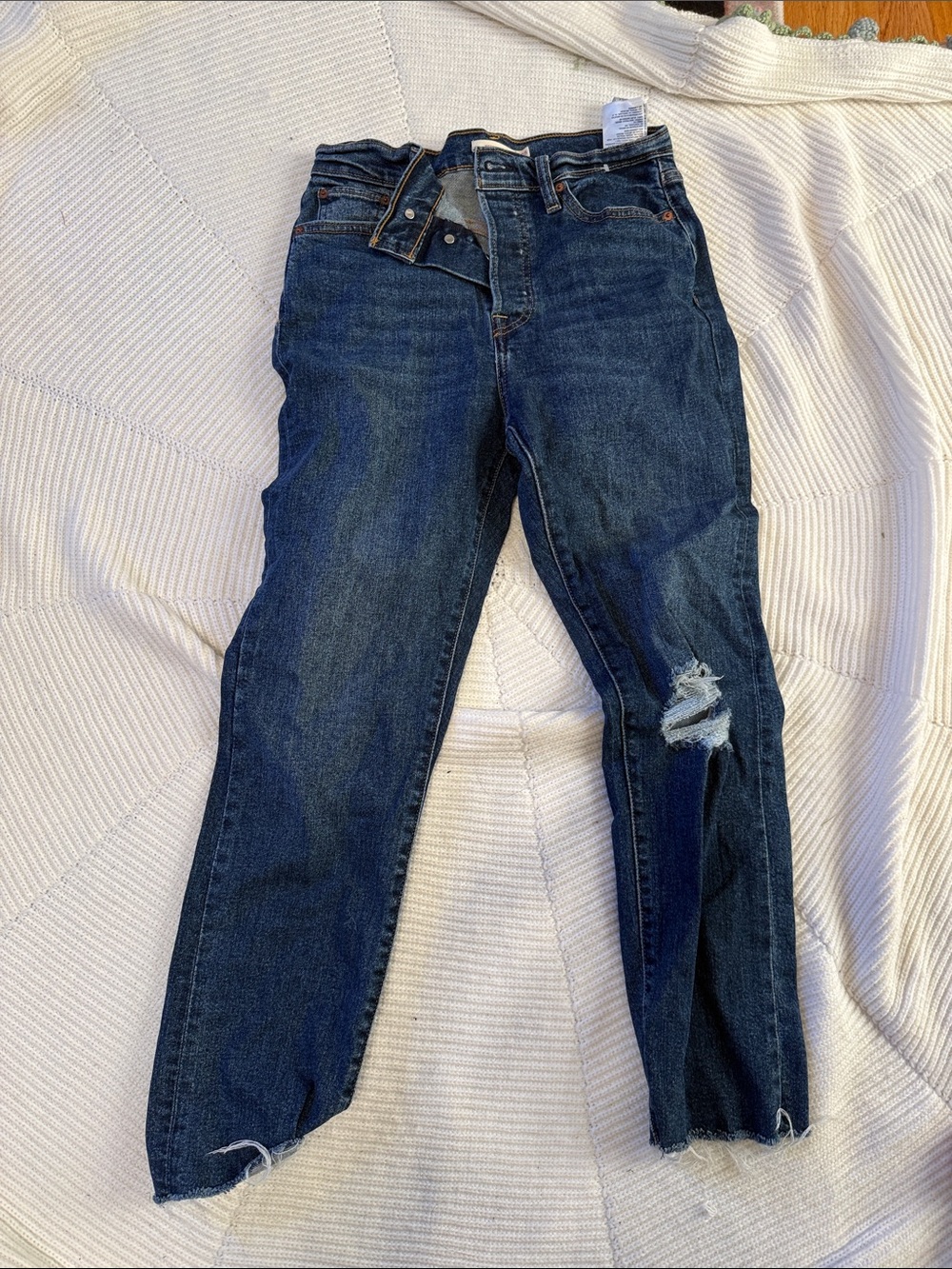Levi's Dark Blue Straight Leg Jeans with Knee Distress